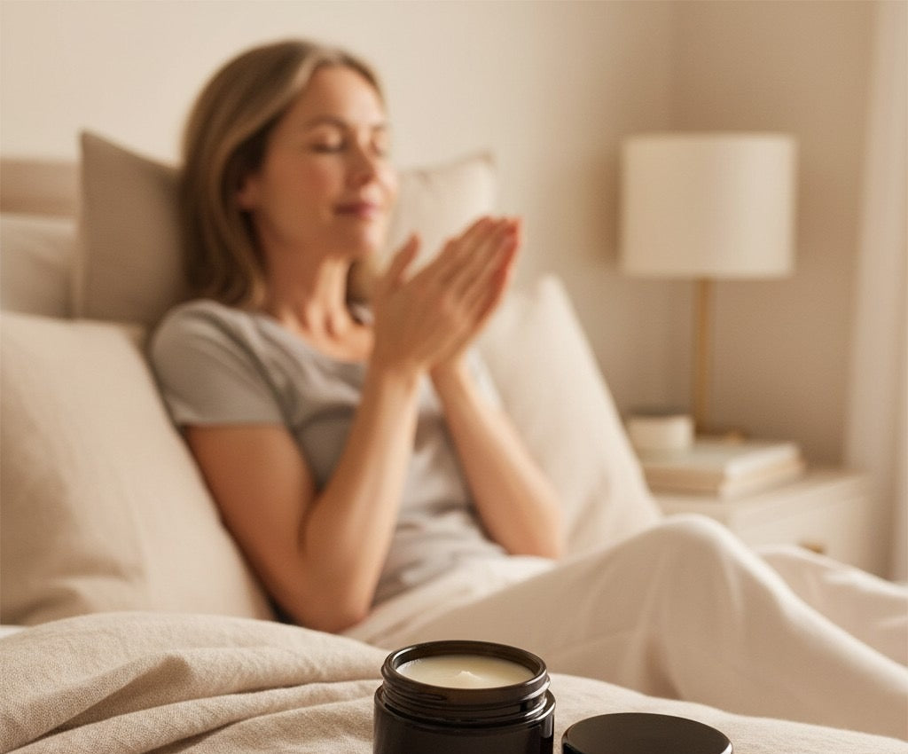 woman in bed breathing in calming essential oils from the magic 9 balm